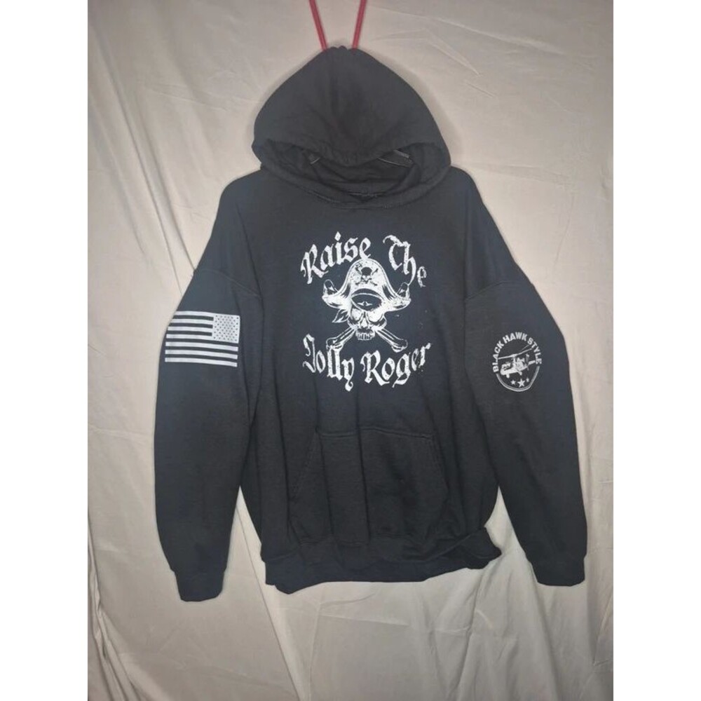 Raise The Jolly Roger Black Graphic Hoodie w/ US Flag & Black Hawk Details